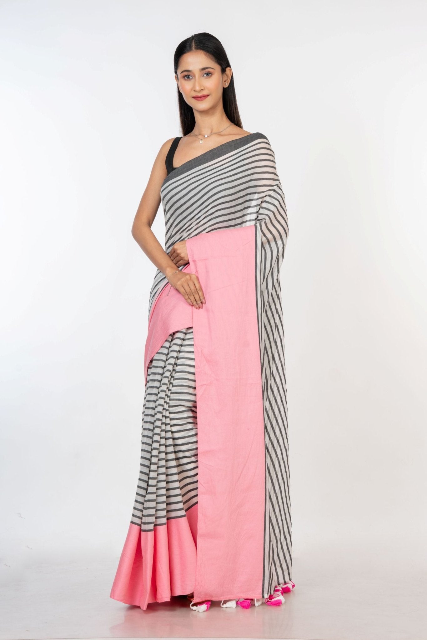 White and Pink Cotton Striped Handloom Saree - Anvi Couture