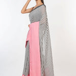 White and Pink Cotton Striped Handloom Saree - Anvi Couture