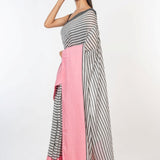 White and Pink Cotton Striped Handloom Saree - Anvi Couture