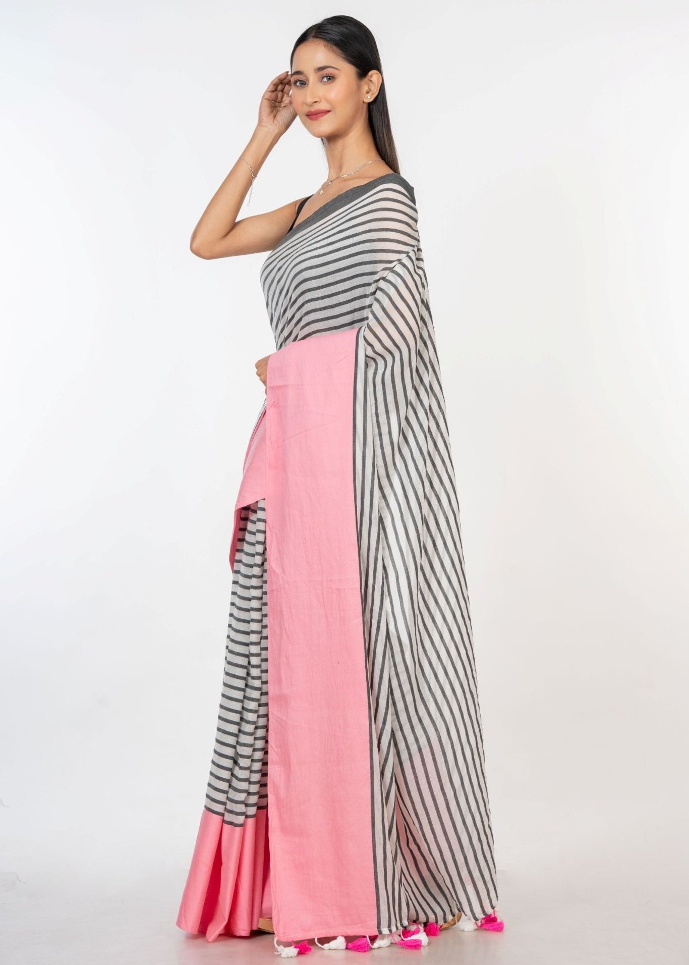 White and Pink Cotton Striped Handloom Saree - Anvi Couture