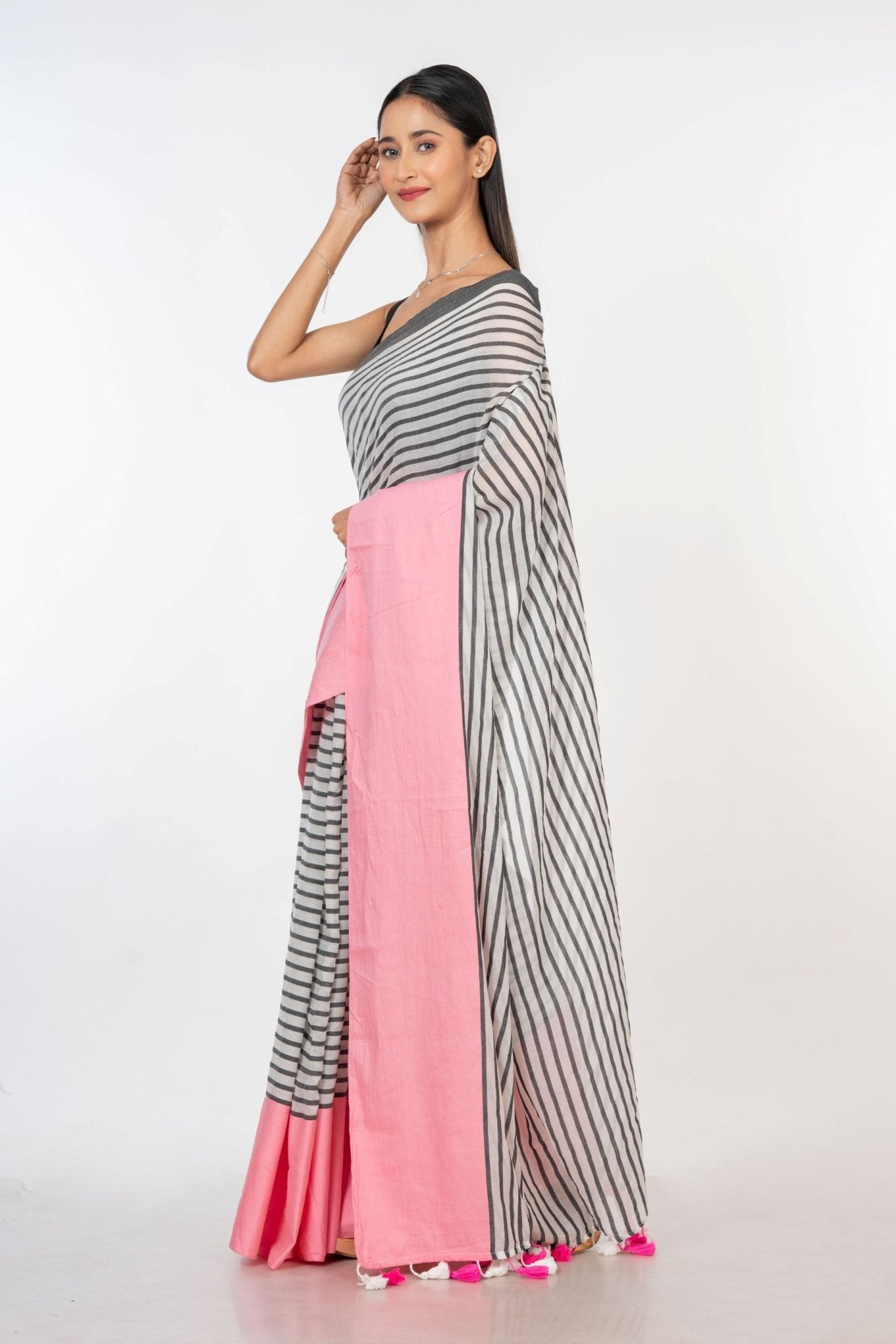 White and Pink Cotton Striped Handloom Saree - Anvi Couture