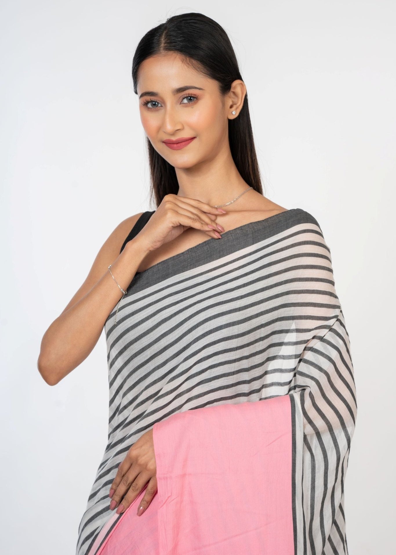 White and Pink Cotton Striped Handloom Saree - Anvi Couture