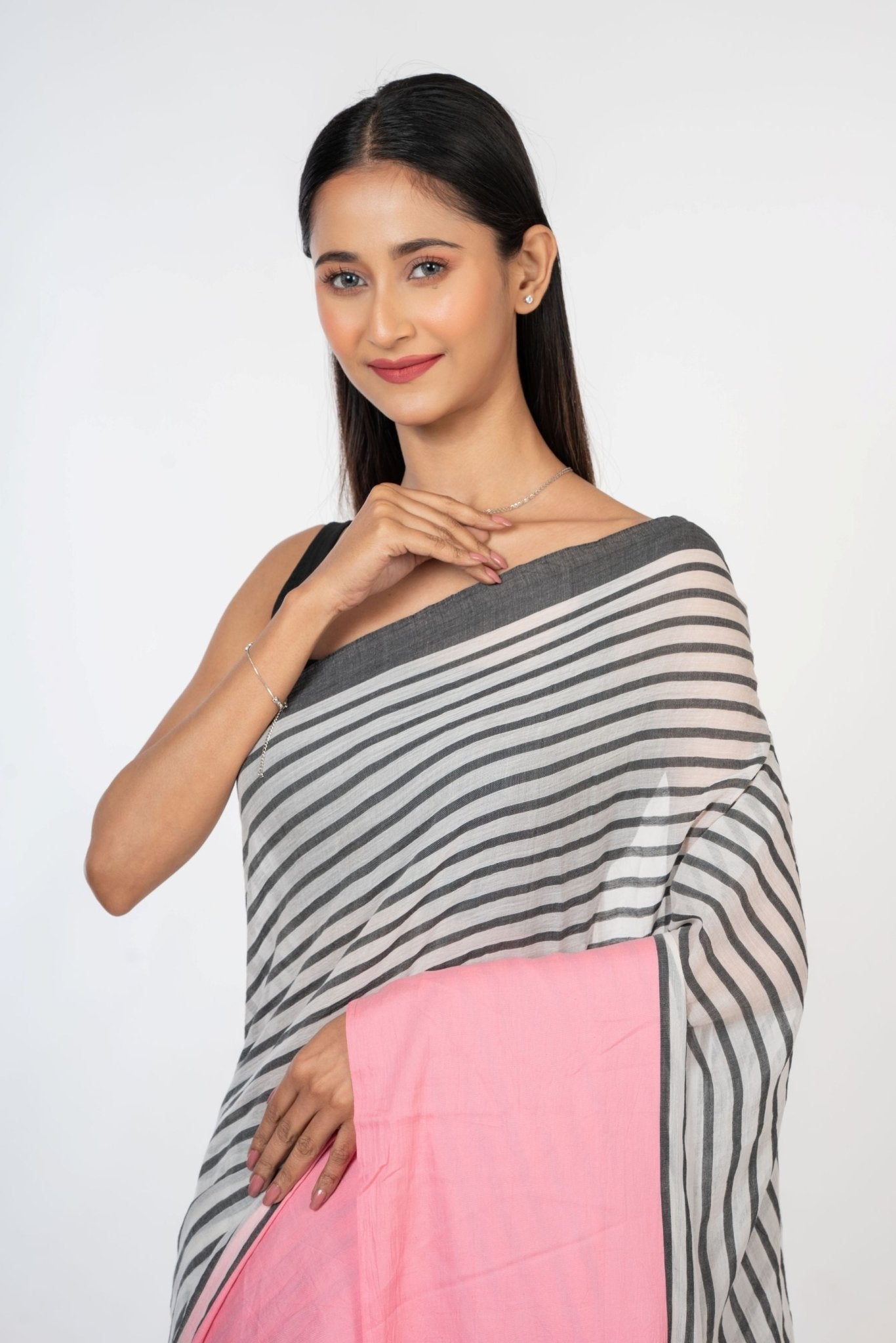 White and Pink Cotton Striped Handloom Saree - Anvi Couture