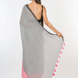White and Pink Cotton Striped Handloom Saree - Anvi Couture