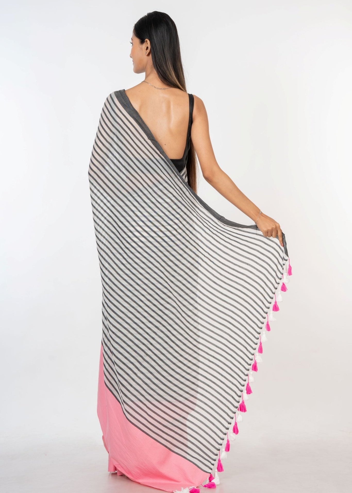 White and Pink Cotton Striped Handloom Saree - Anvi Couture