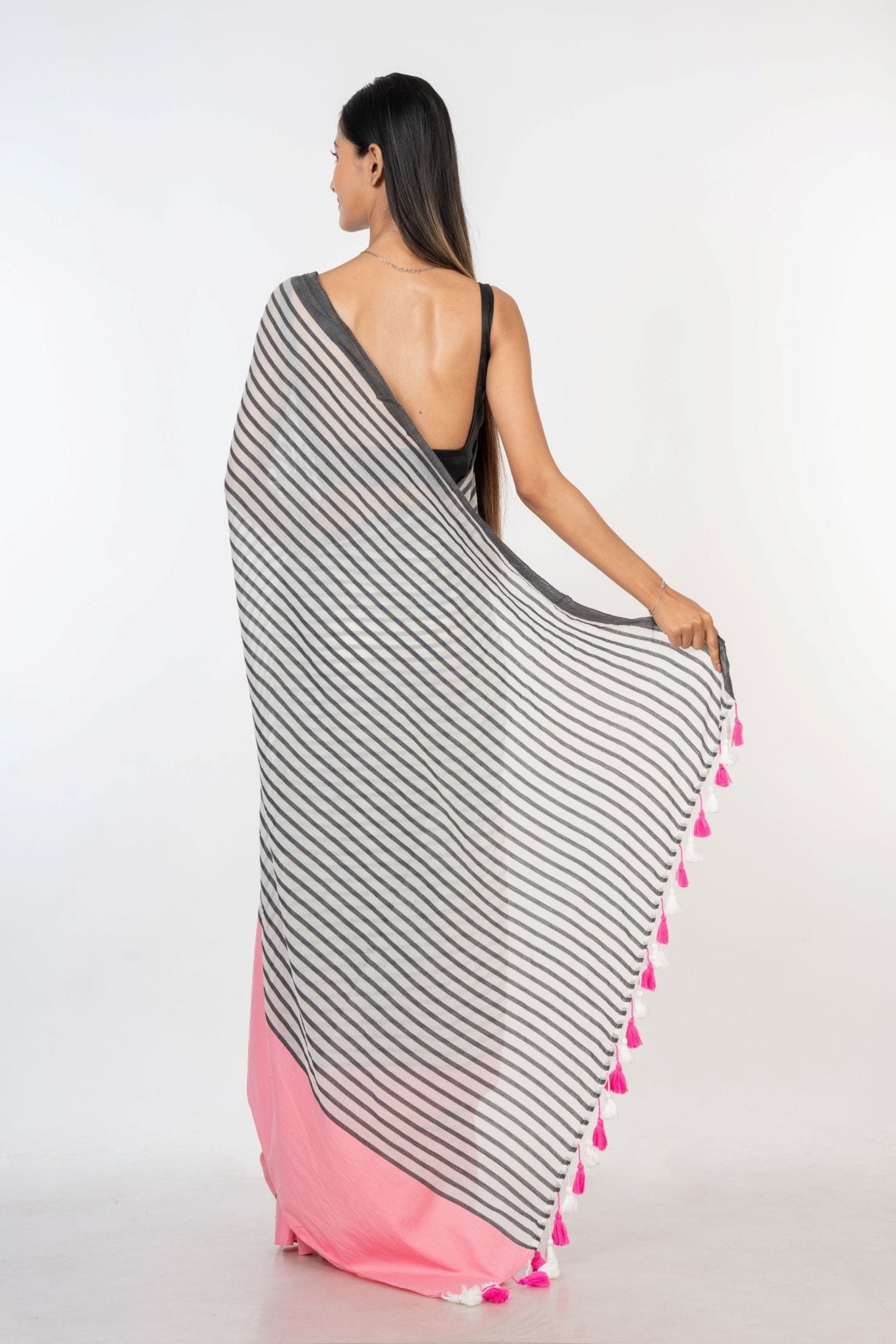 White and Pink Cotton Striped Handloom Saree - Anvi Couture