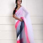 White Ombre Pleated Pure Georgette Saree – full front view