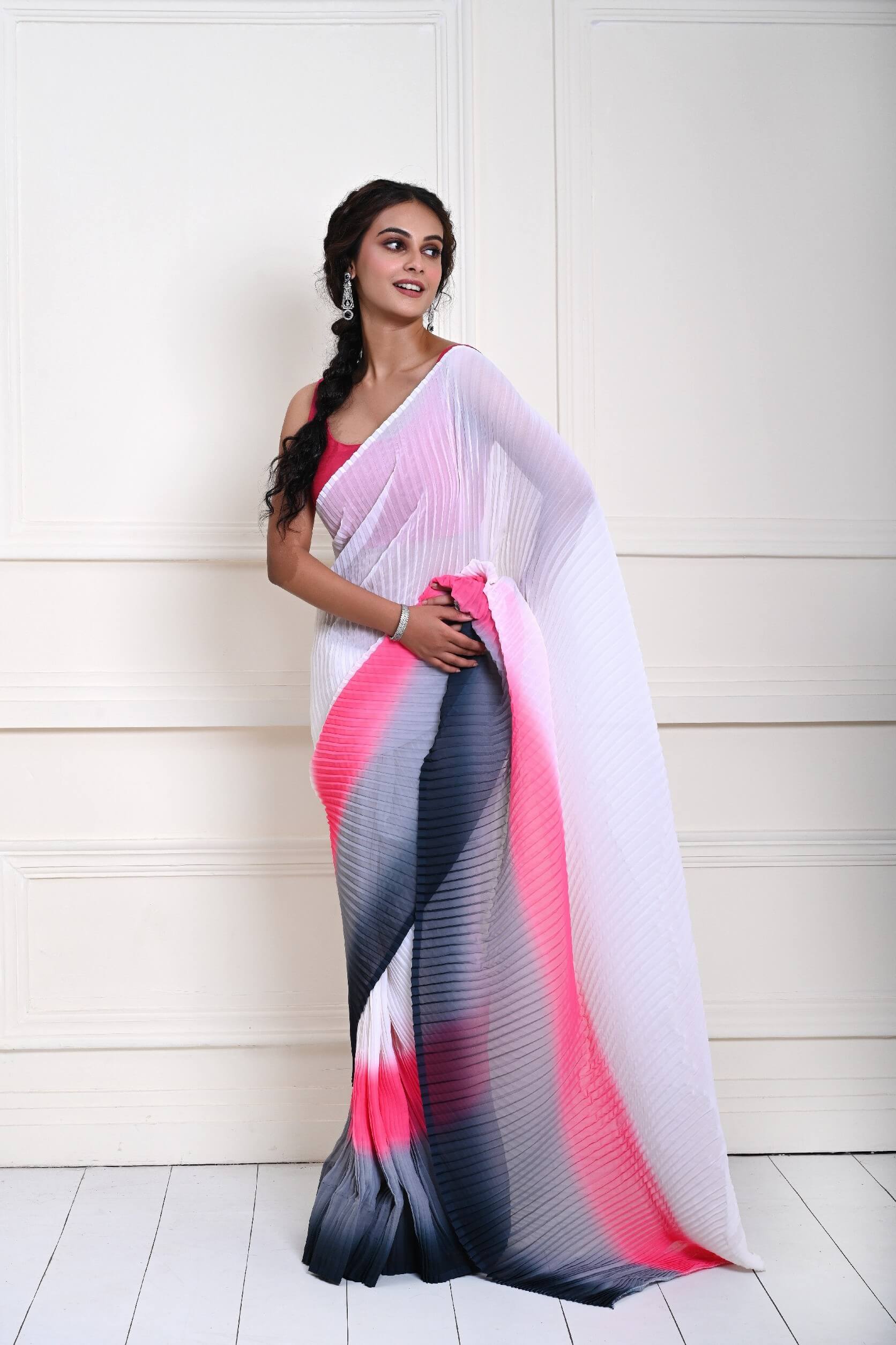 White Ombre Pleated Pure Georgette Saree – full front view