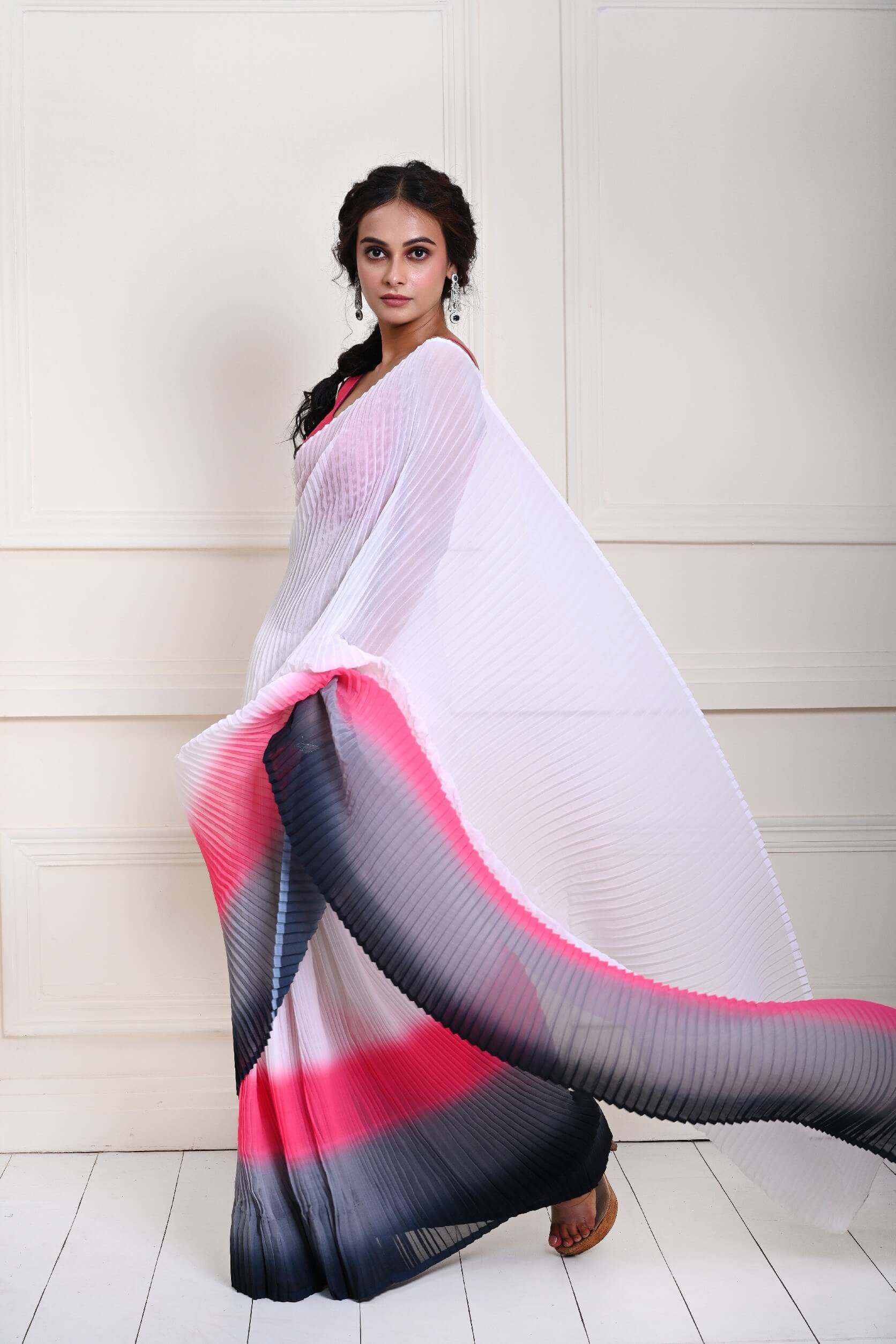 White to blush ombre pleated georgette saree – drape and pallu view