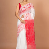 White and Red Cotton Handloom Jamdani Saree Full

