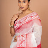 White and Red Cotton Handloom Jamdani Saree Close Up
