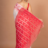 White and Red Cotton Handloom Jamdani Saree Back
