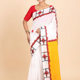 White and Red Hand Painted Cotton Saree Full