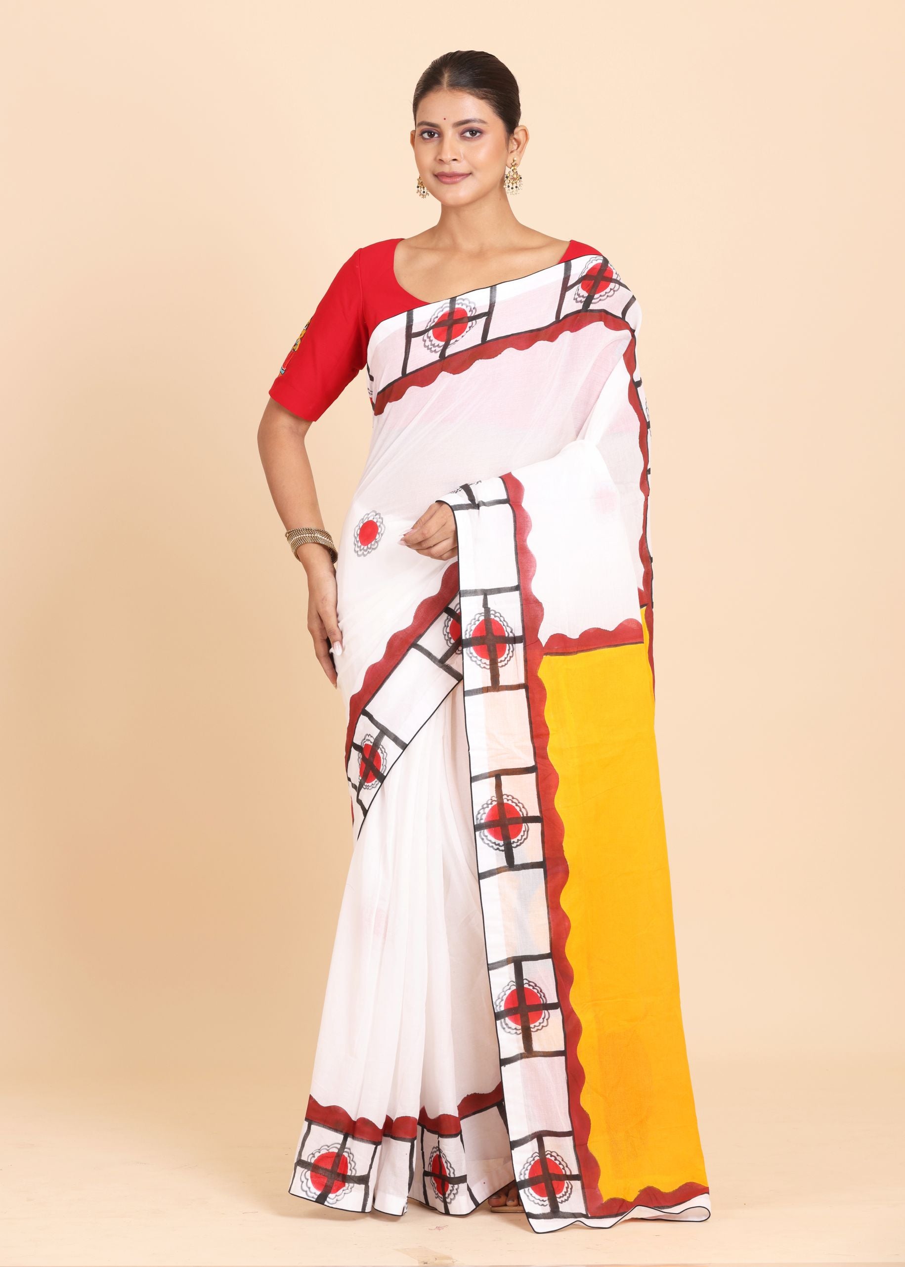 White and Red Hand Painted Cotton Saree Full
