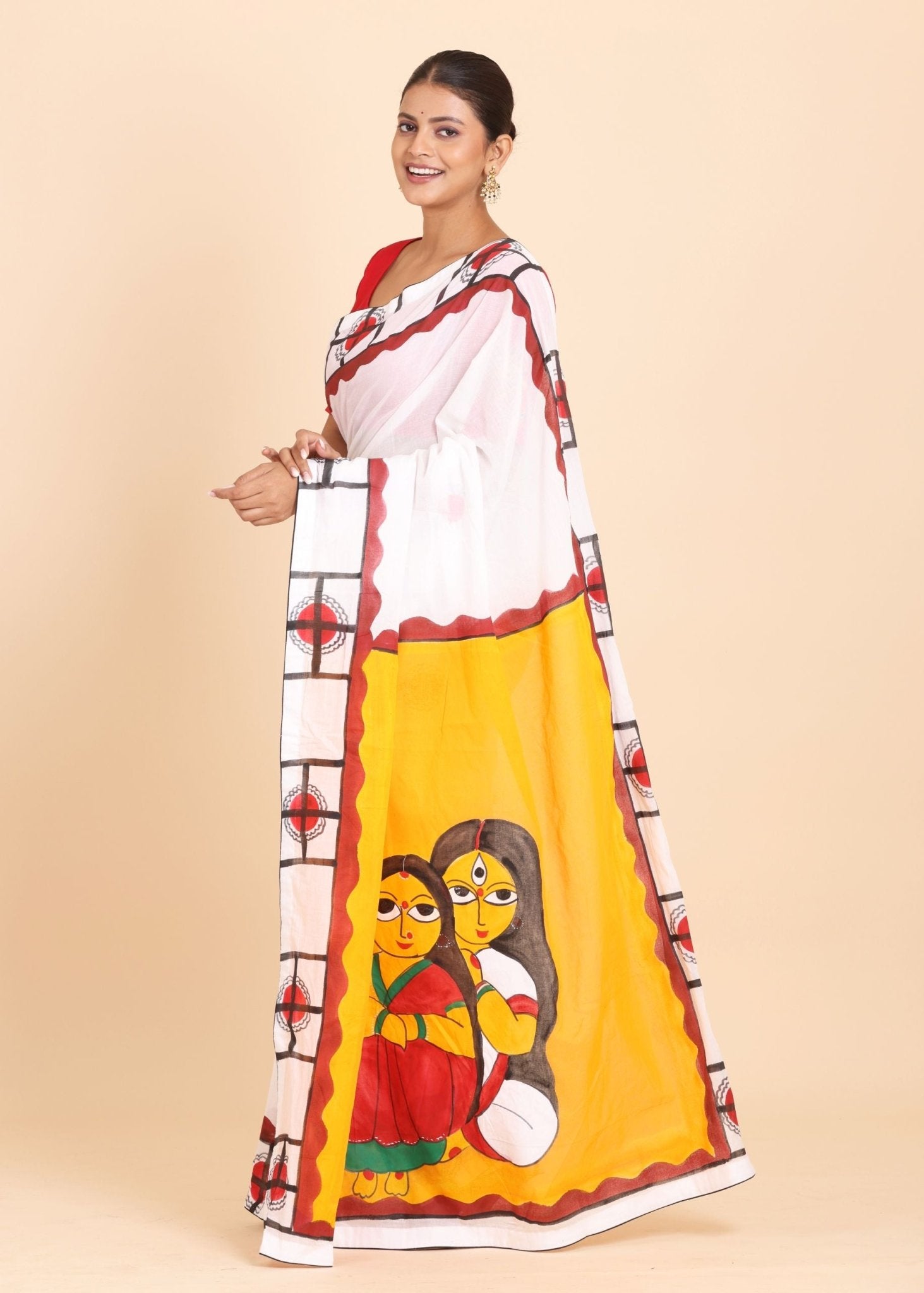 White and Red Hand Painted Cotton Saree - Anvi Couture
