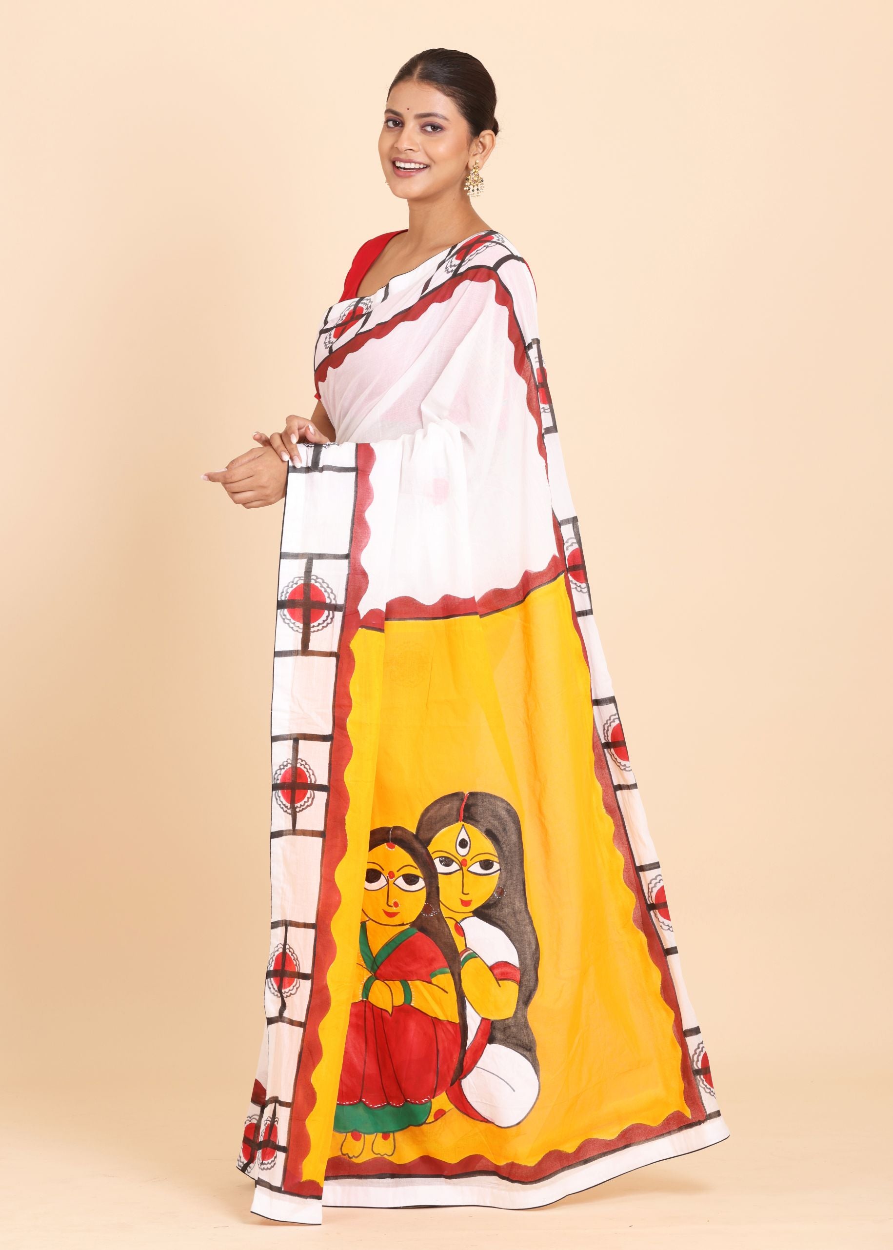 White and Red Hand Painted Cotton Saree Side
