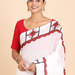 White and Red Hand Painted Cotton Saree Close Up