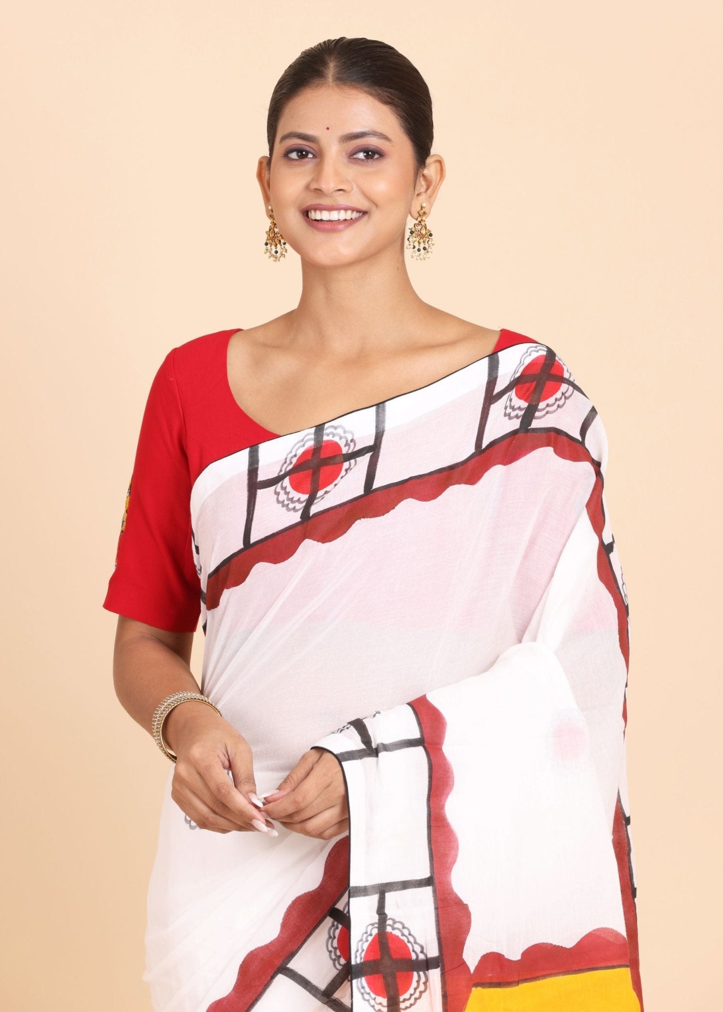 White and Red Hand Painted Cotton Saree - Anvi Couture