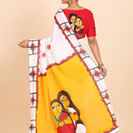 White and Red Hand Painted Cotton Saree Back