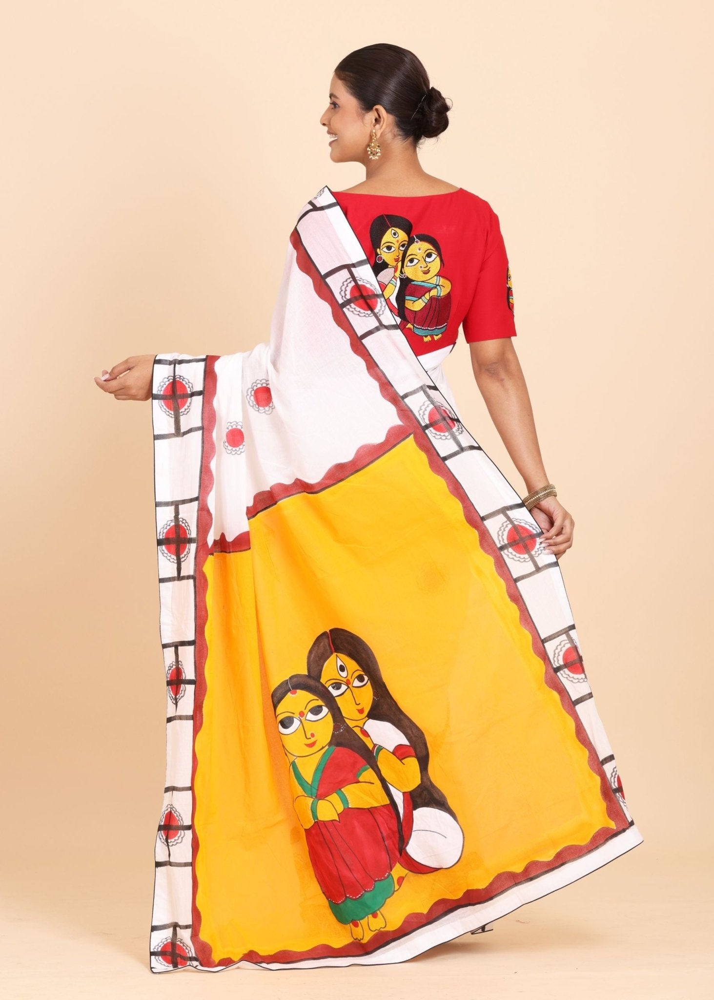 White and Red Hand Painted Cotton Saree - Anvi Couture