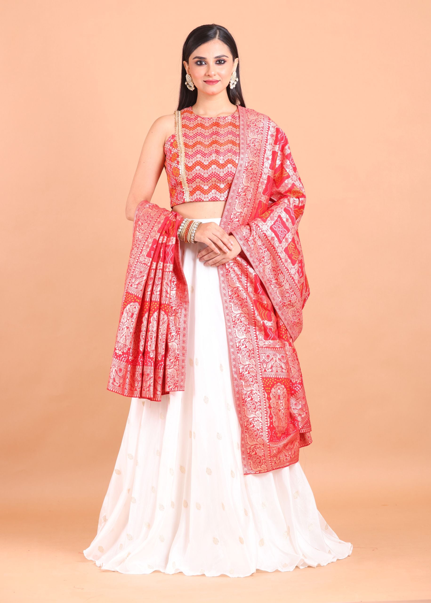 White and Red Lehenga Set with Gharchola Embroidered Top and Dupatta Full view