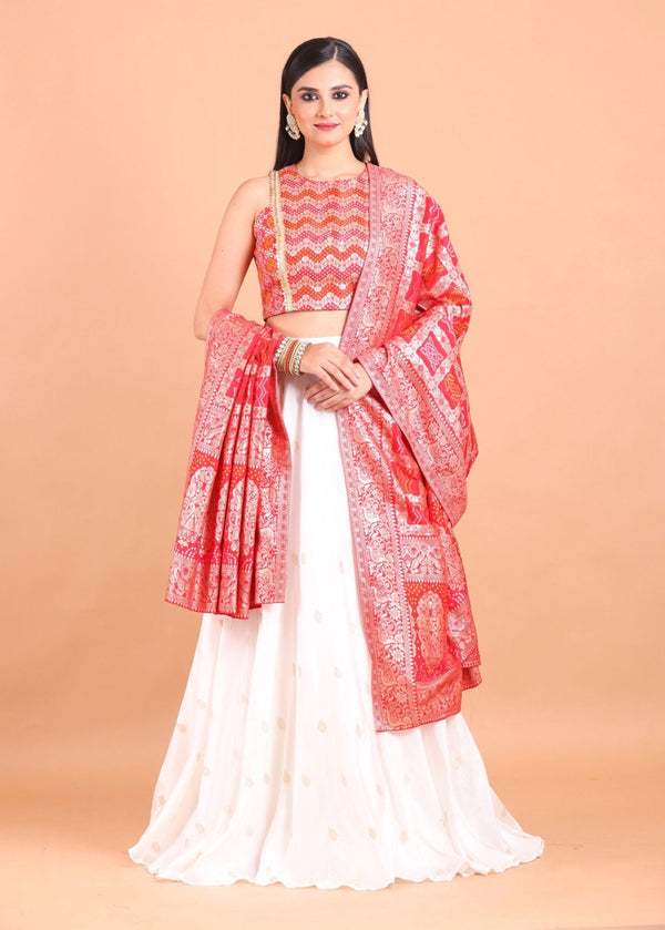 White and Red Lehenga Set with Gharchola Embroidered Top and Dupatta - Anvi Couture