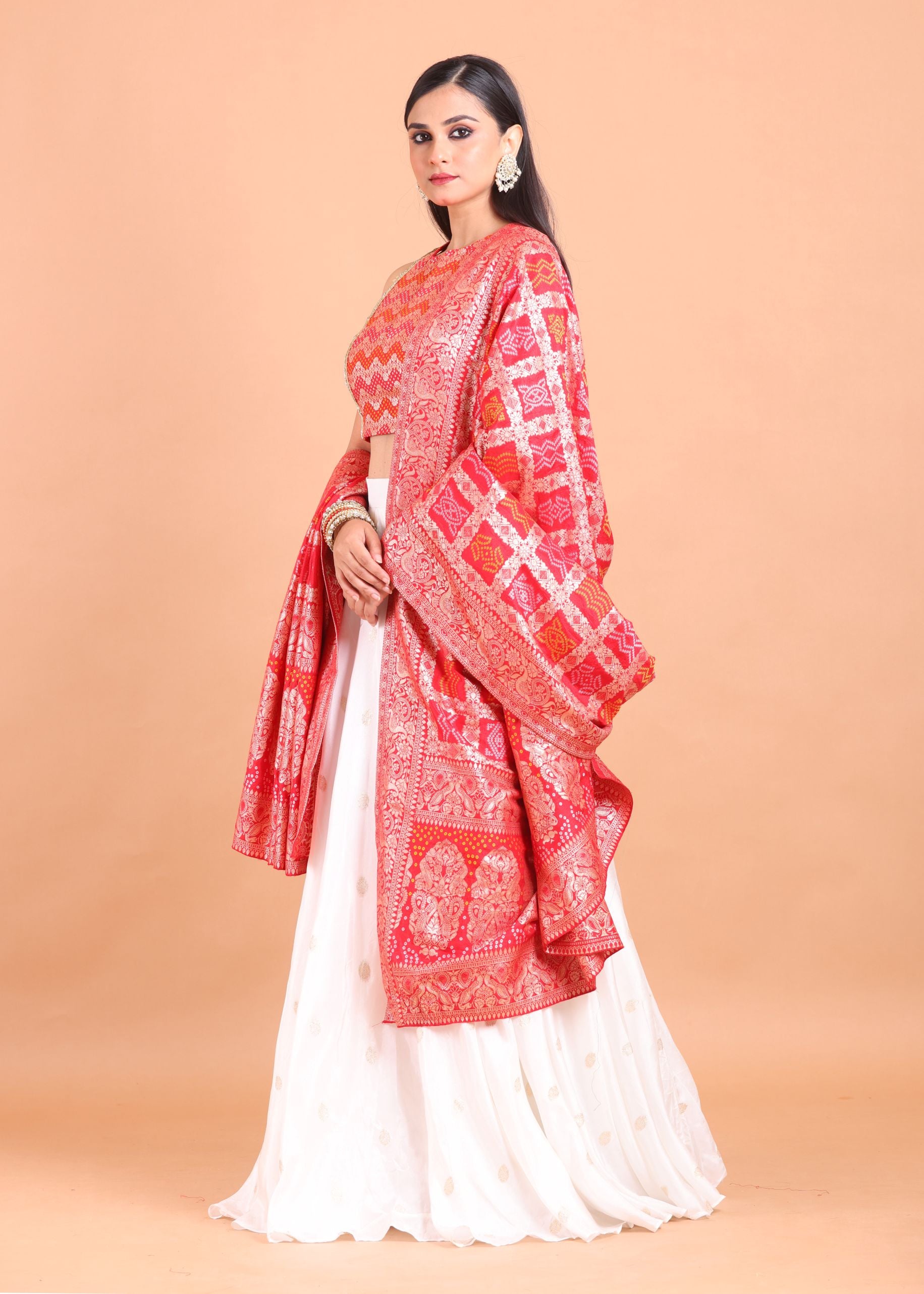 White and Red Lehenga Set with Gharchola Embroidered Top and Dupatta Side View