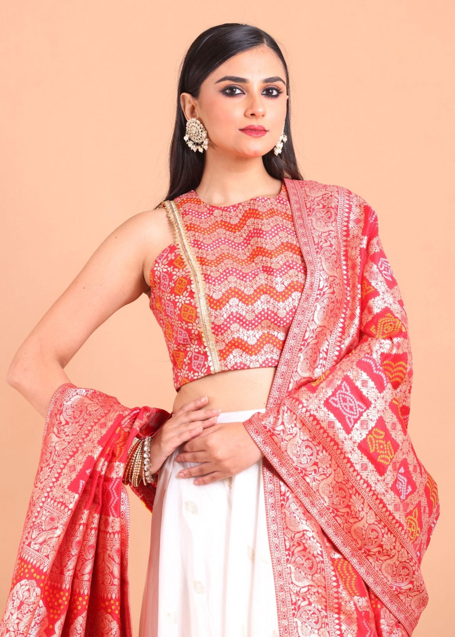 White and Red Lehenga Set with Gharchola Embroidered Top and Dupatta - Anvi Couture