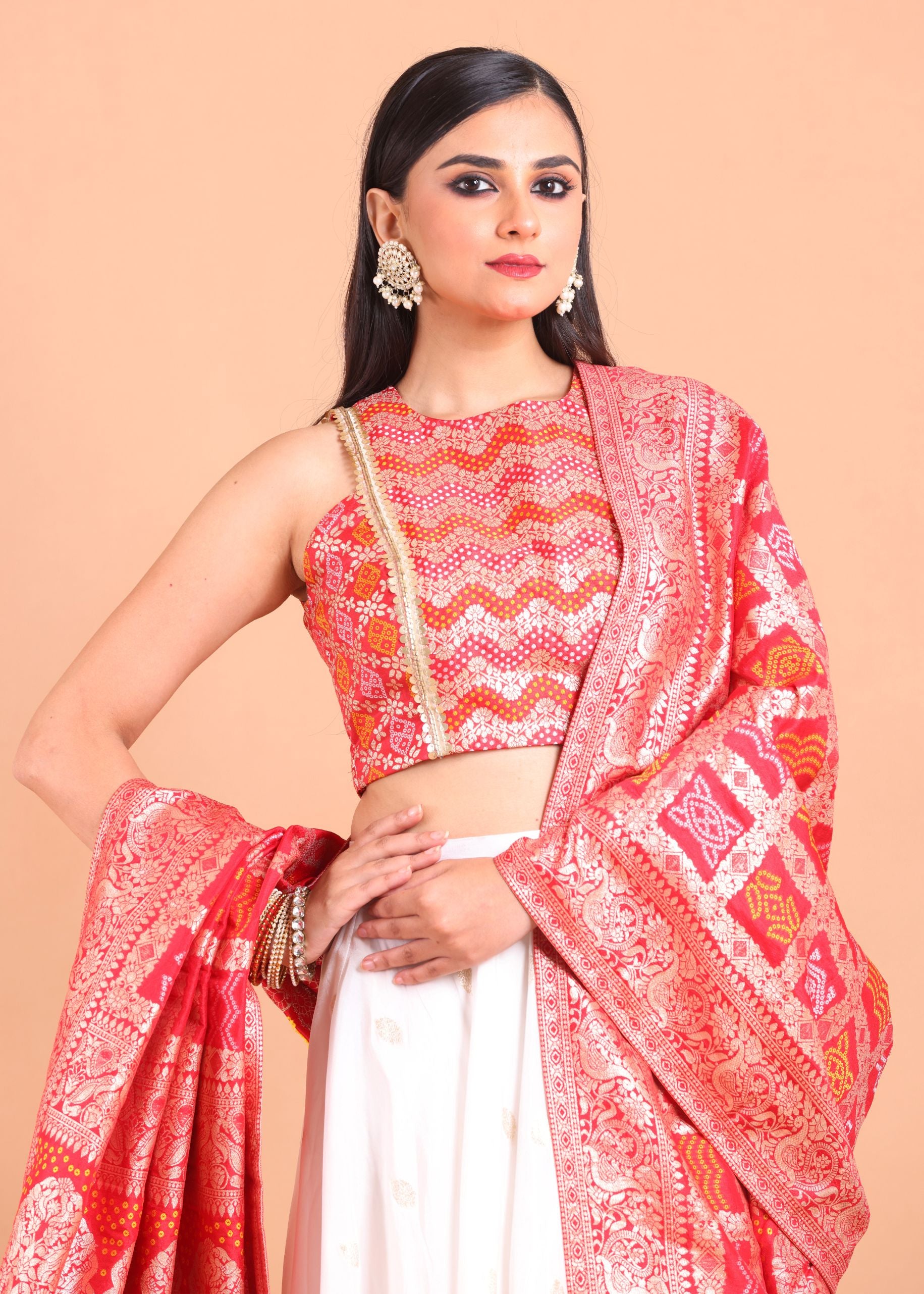 White and Red Lehenga Set with Gharchola Embroidered Top and Dupatta Close Up