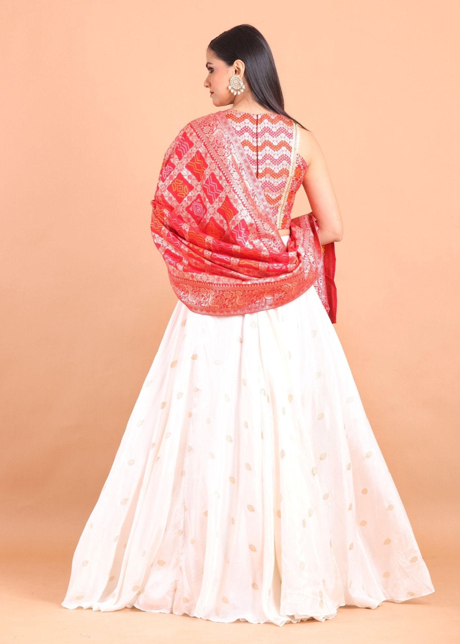 White and Red Lehenga Set with Gharchola Embroidered Top and Dupatta - Anvi Couture