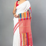 White and Red Pure Cotton Gamcha Saree - Anvi Couture