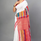 White and Red Pure Cotton Gamcha Saree - Anvi Couture
