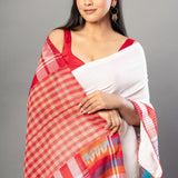 White and Red Pure Cotton Gamcha Saree - Anvi Couture