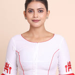 White and Red Ruffle Sleeves Sastik Embroidered Blouse Front