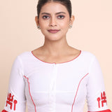 White and Red Ruffle Sleeves Sastik Embroidered Blouse Front
