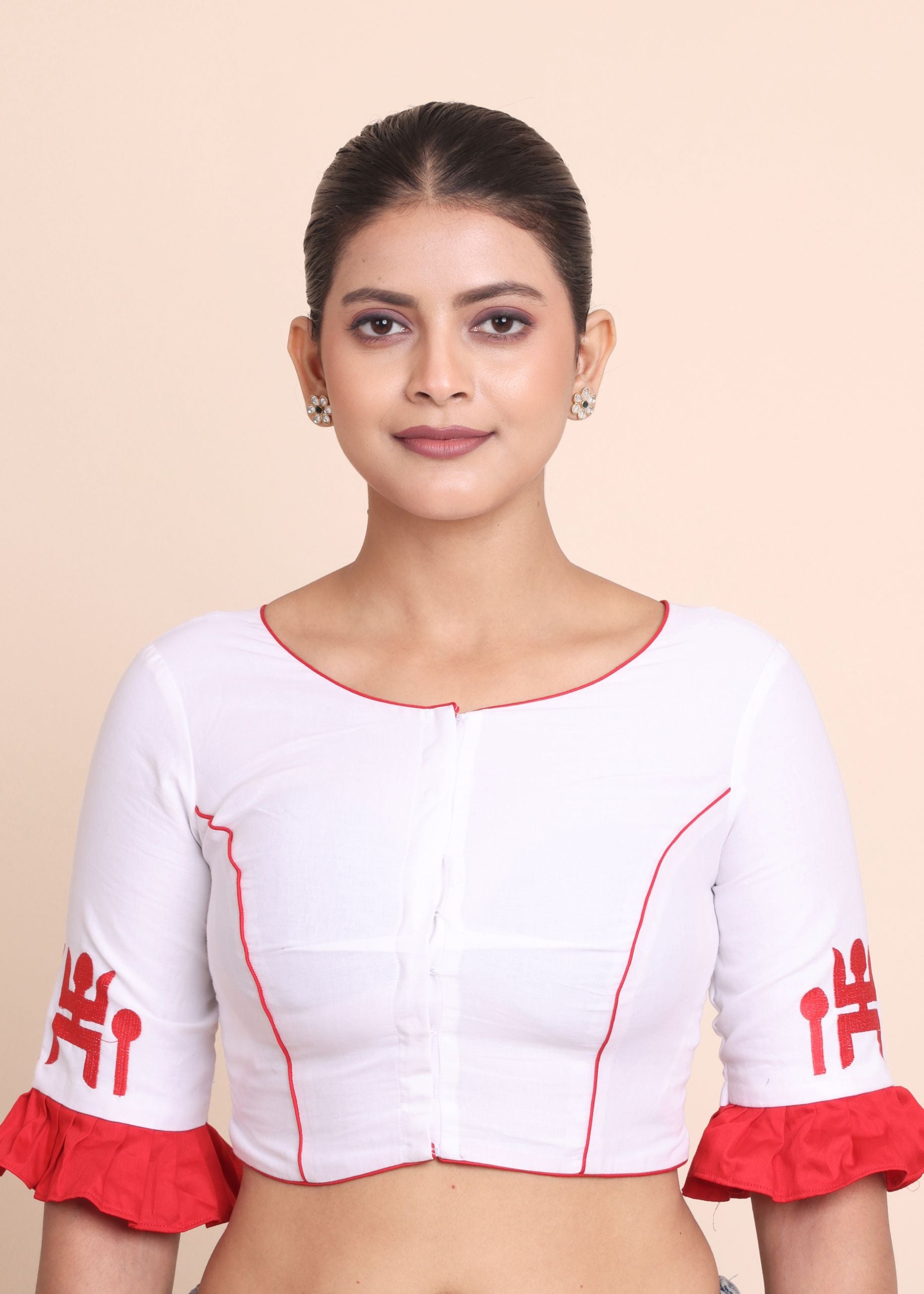 White and Red Ruffle Sleeves Sastik Embroidered Blouse Front