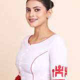 White and Red Ruffle Sleeves Sastik Embroidered Blouse Left Side