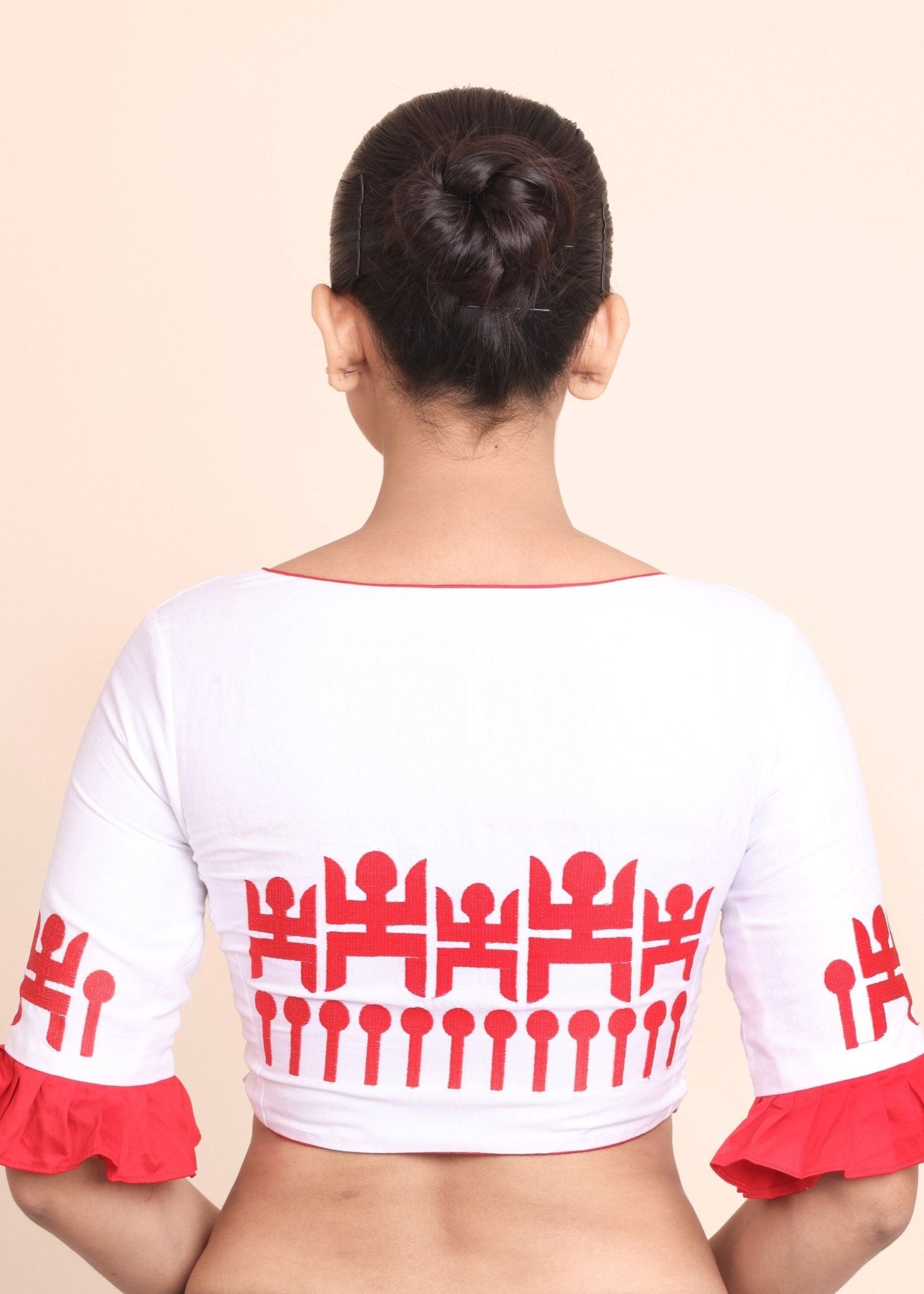 White and Red Ruffle Sleeves Sastik Embroidered Blouse - Anvi Couture
