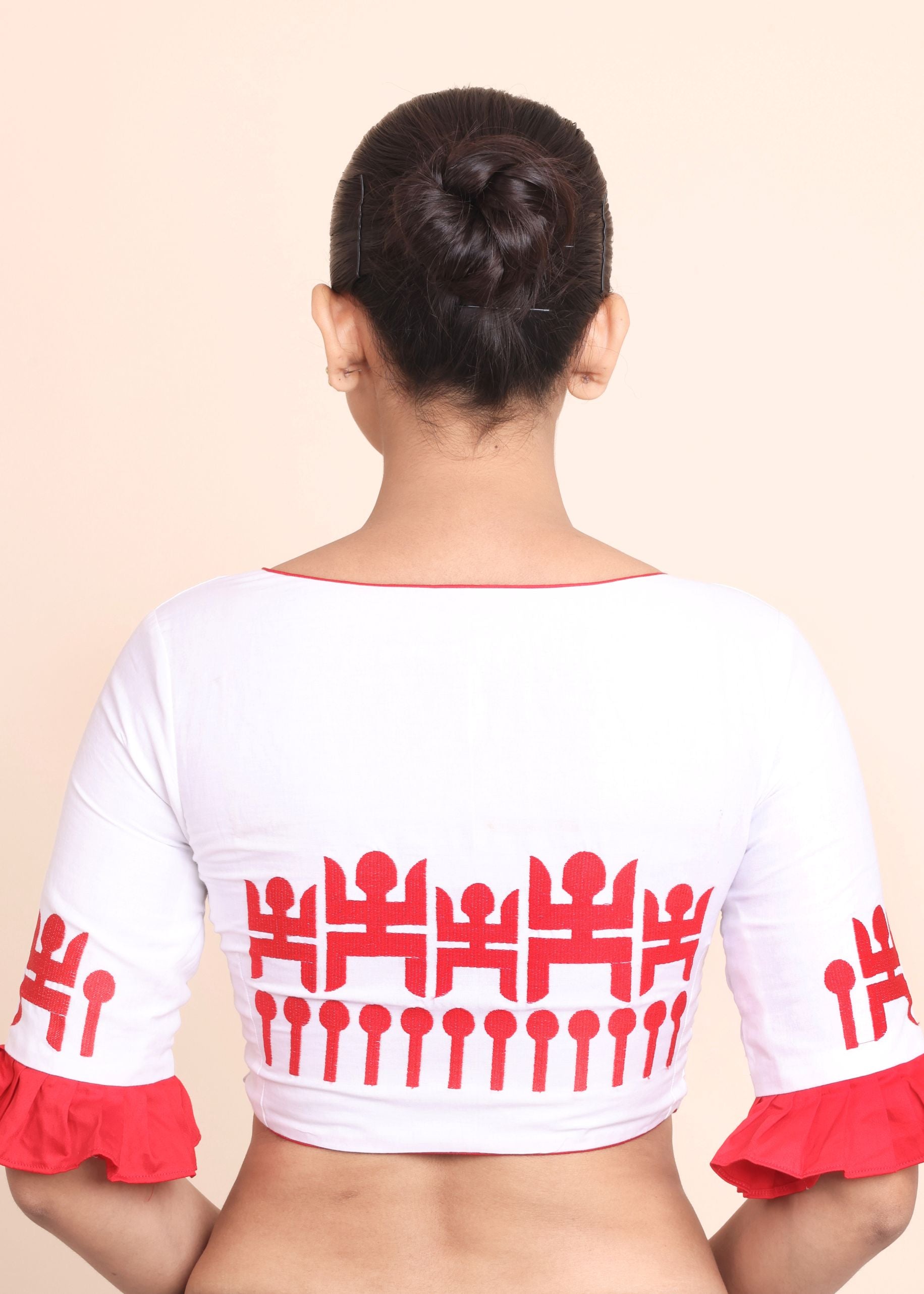 White and Red Ruffle Sleeves Sastik Embroidered Blouse Back