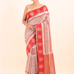 White and Red Tussar Silk Saree full