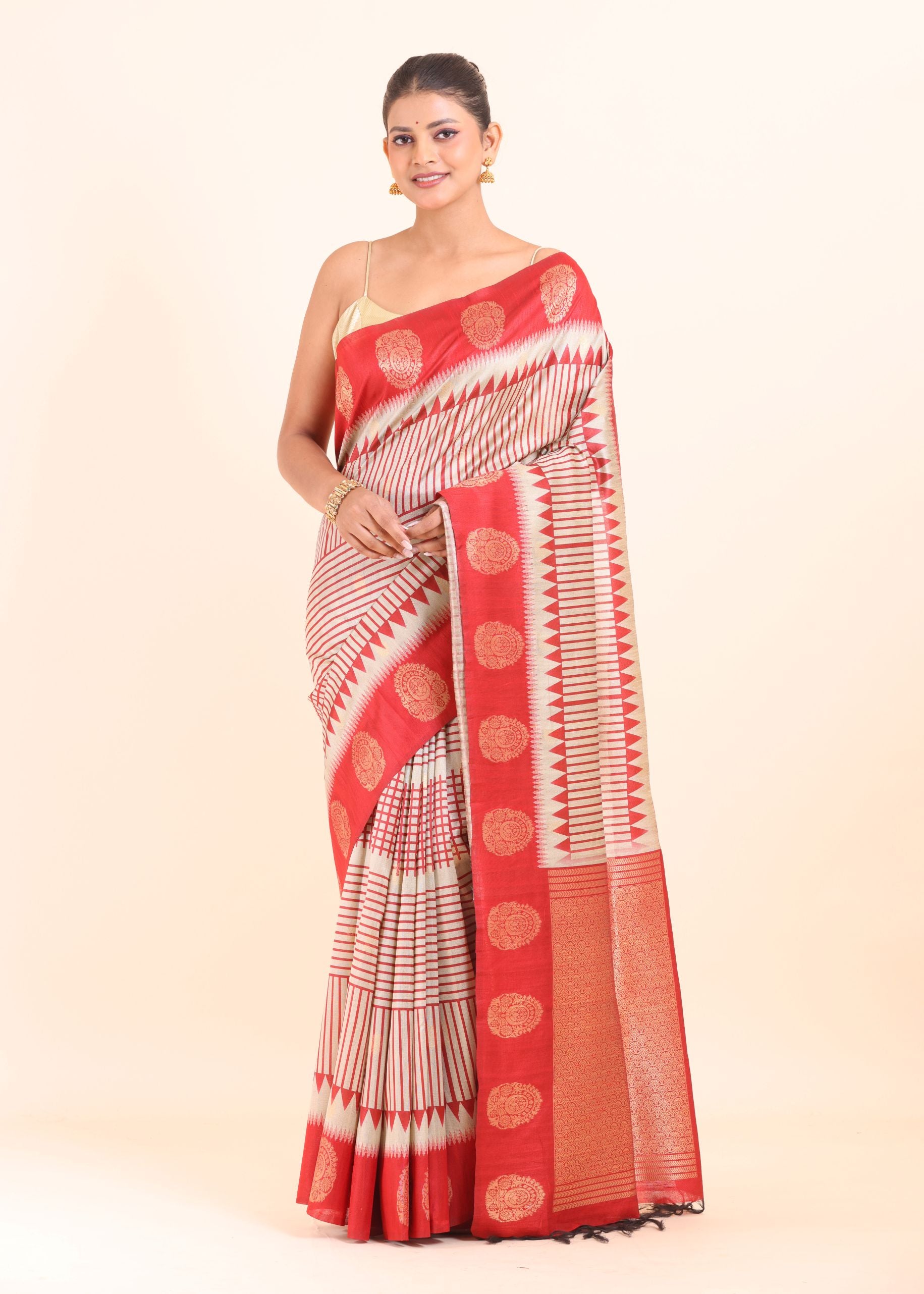 White and Red Tussar Silk Saree full