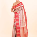 White and Red Tussar Silk Saree front