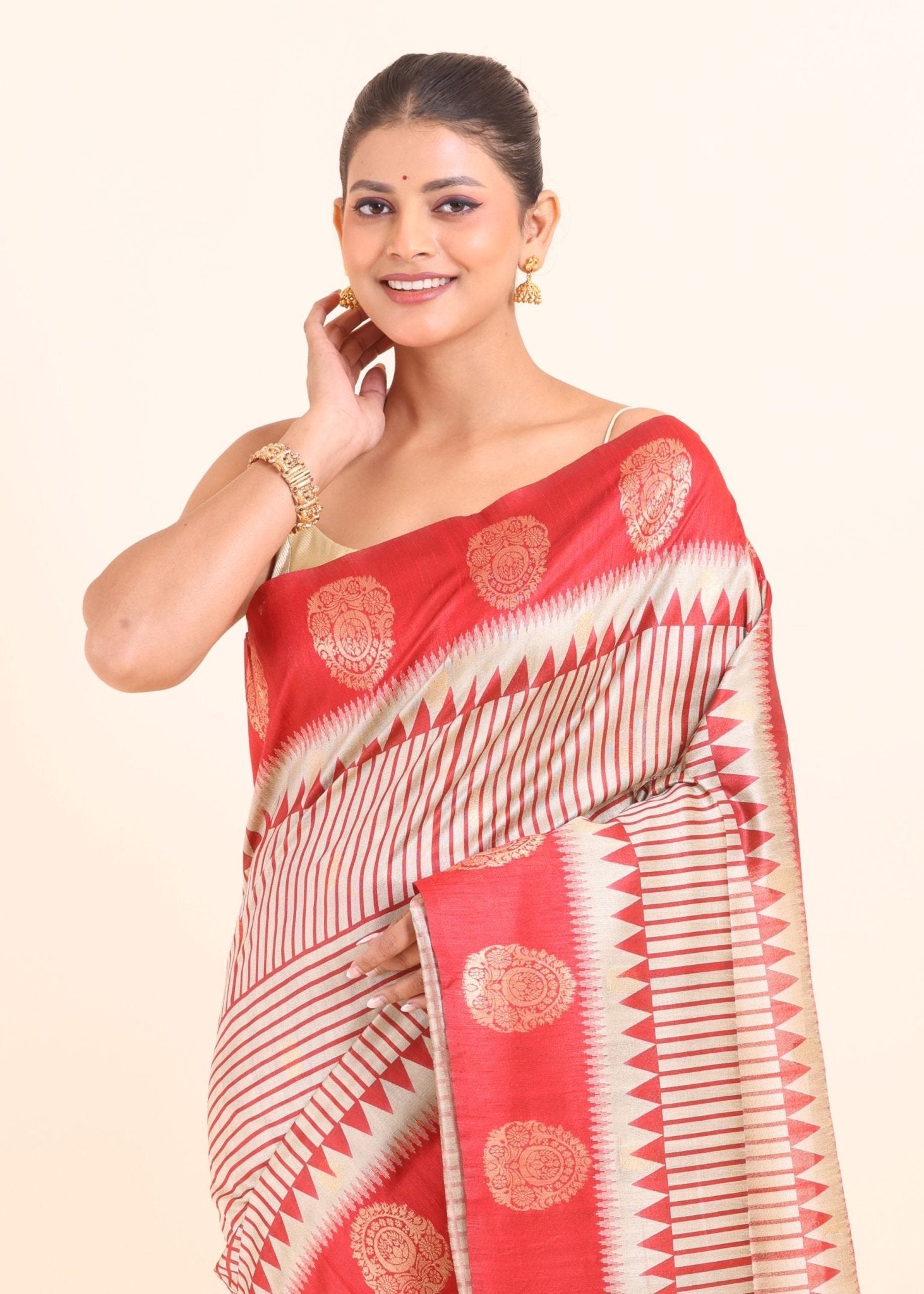 White and Red Tussar Silk Saree - Anvi Couture