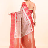 White and Red Tussar Silk Saree back