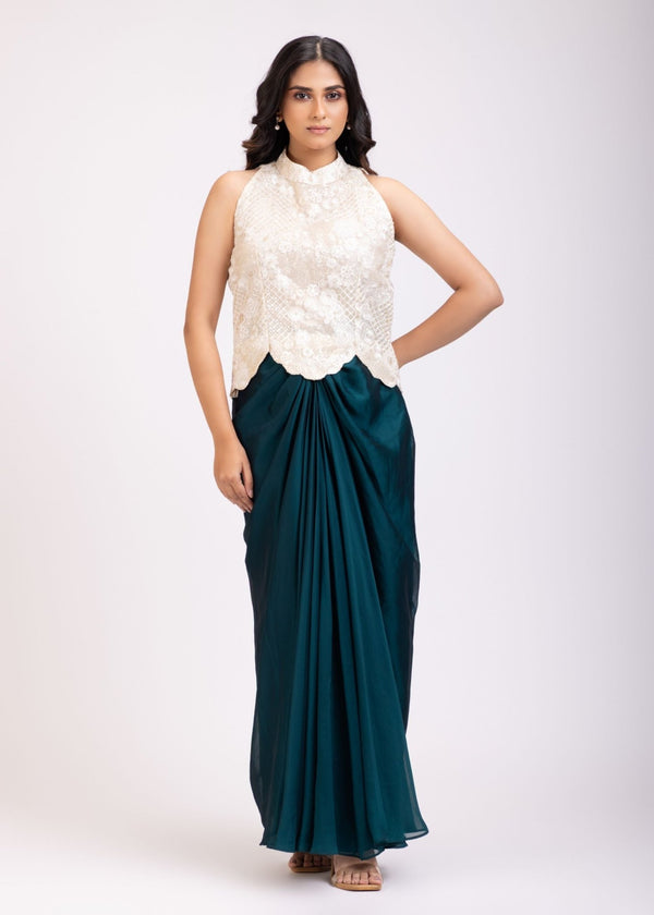 White and Teal Blue Crop Top And Draped Skirt Set With Embroidered Work - Anvi Couture