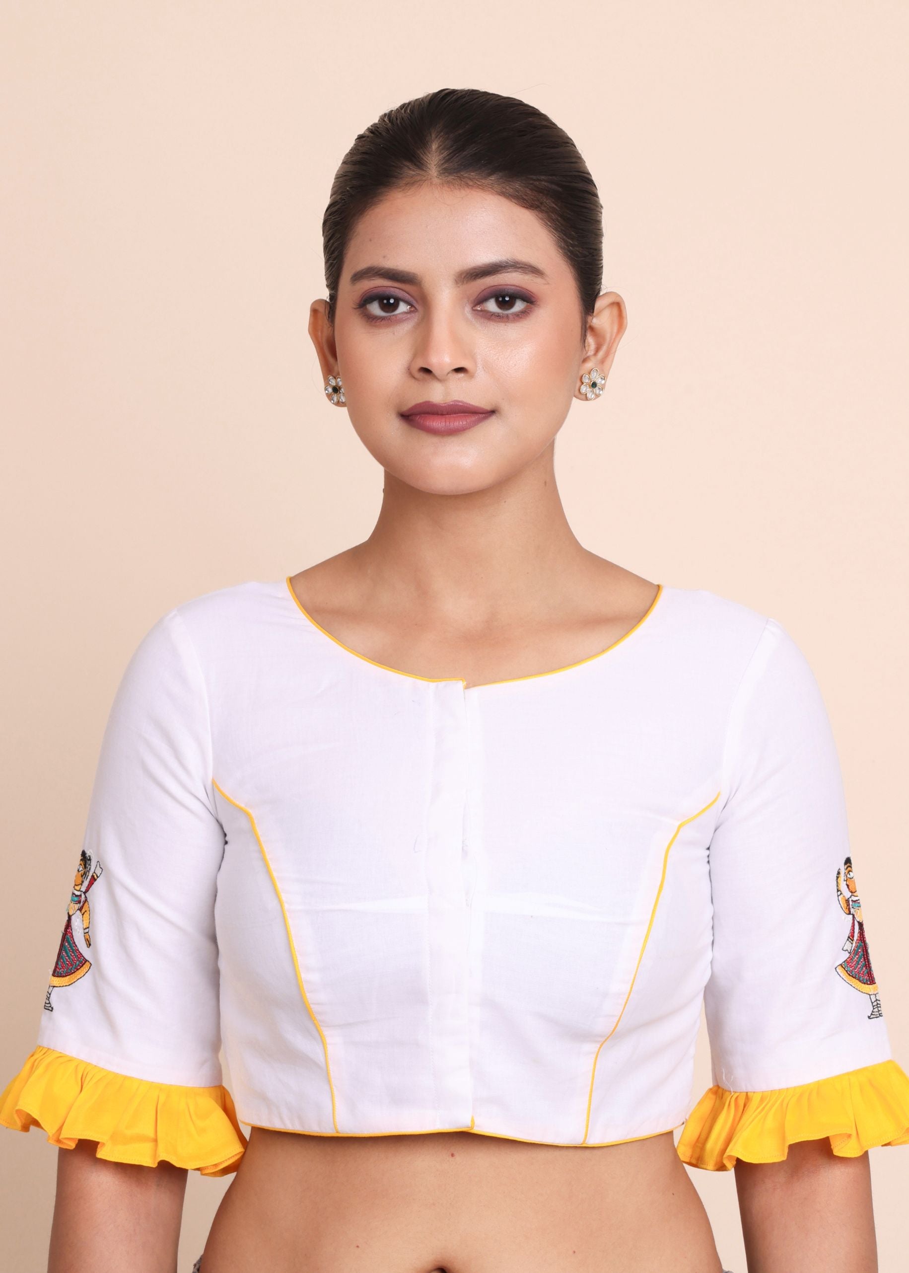 White and Yellow Cotton Blouse with Jamini Roy Applique Embroidered work full