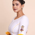 White and Yellow Cotton Blouse with Jamini Roy Applique Embroidered work front