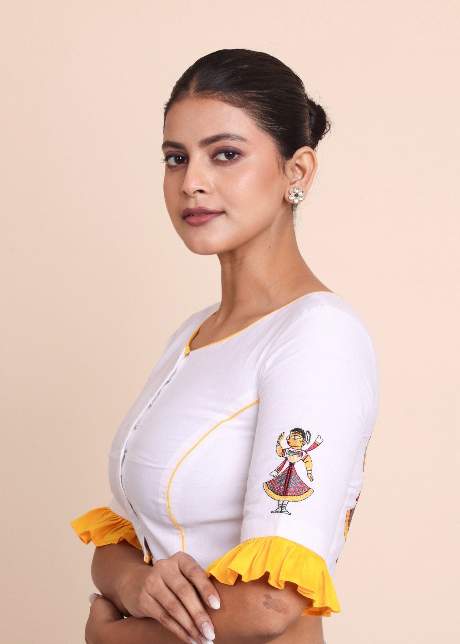 White and Yellow Cotton Blouse with Jamini Roy Applique Embroidered work - Anvi Couture