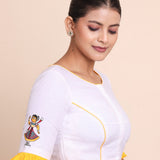 White and Yellow Cotton Blouse with Jamini Roy Applique Embroidered work side