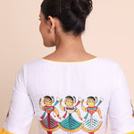 White and Yellow Cotton Blouse with Jamini Roy Applique Embroidered work back